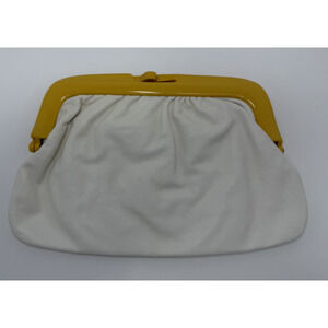 Vintage 80 /90's Leather White Clutch Bag Yellow Plastic Frame Made In Italy